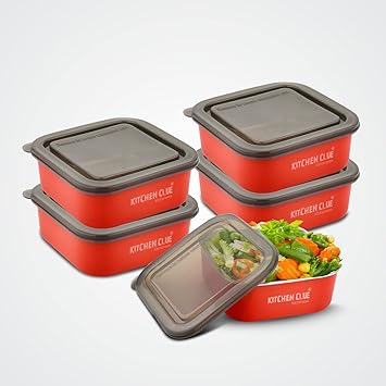 Stainless Steel Microwave Safe Square Lunch Box Or Containers for Office Home Kitchen I Pack of 5 Pcs, Red - 800 ML Each I Ideal Use for Kids Or Adults I BPA Free (16CM*16CM*6CM)