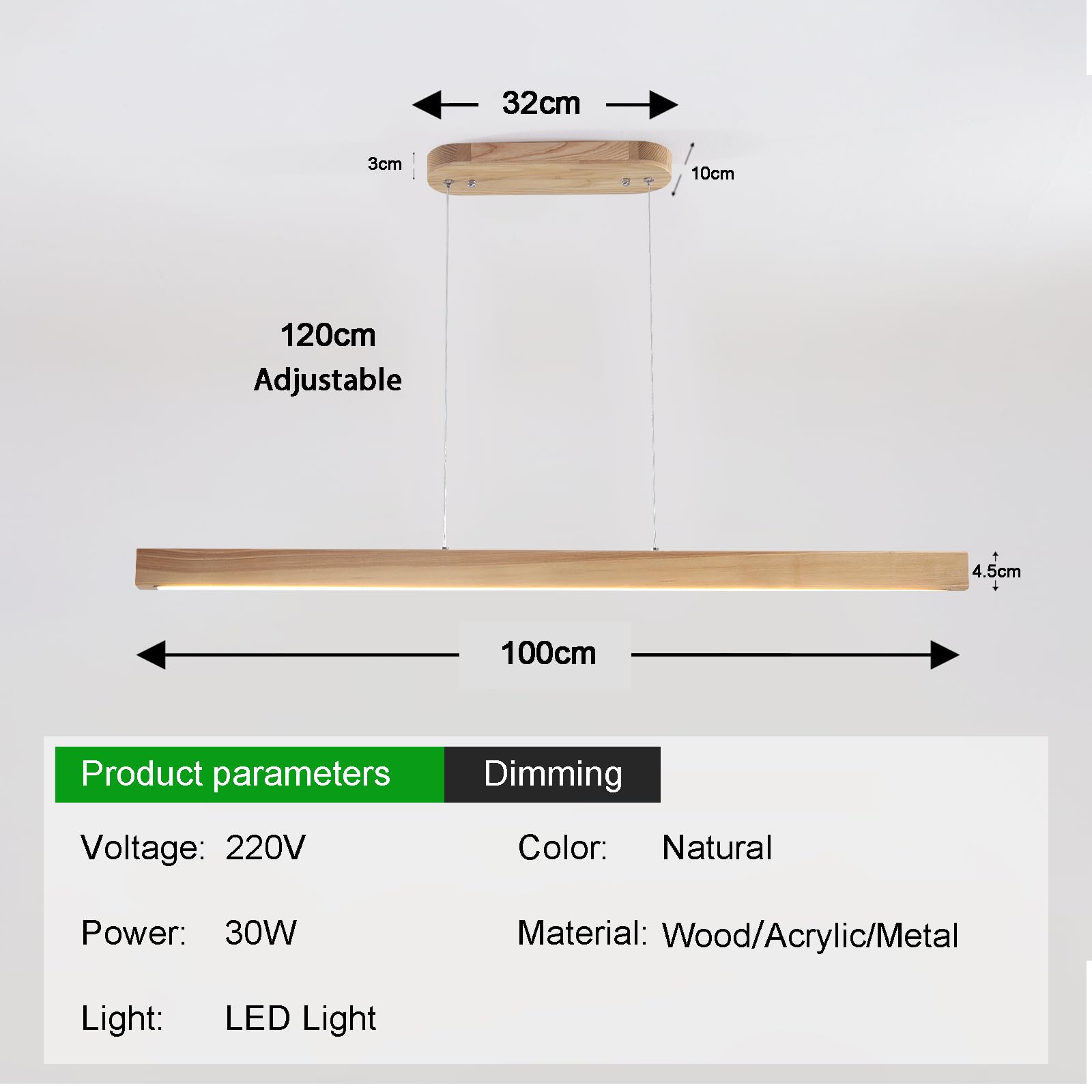 Naturalna liniowa lampa wisząca 100 cm drewno Led oświetlenie liniowe Ściemnialne żyrandole do jadalni z pilotem Żyrandol liniowy