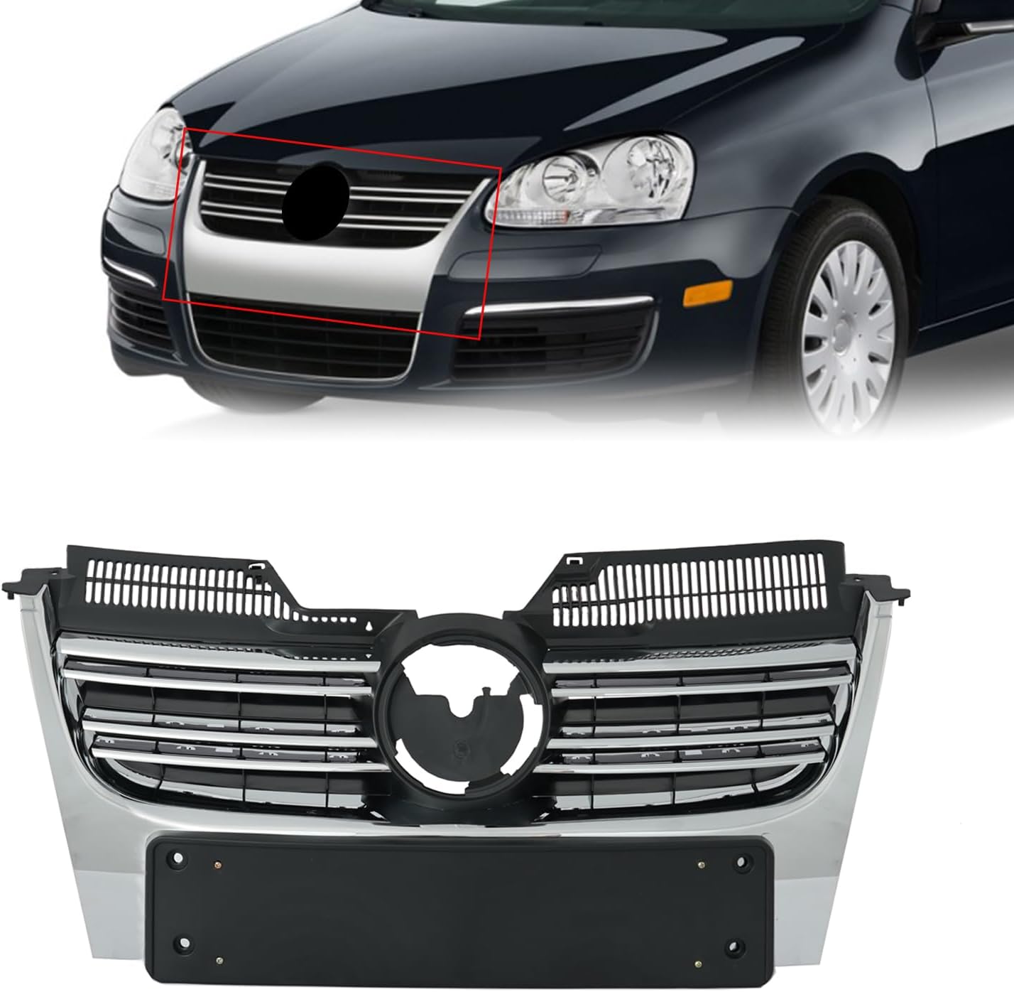 KARPAL Front Upper Grille Chrome Trim Set Compatible with 2005-2010 Volkswagen Jetta | VW1210100 + VW1211100 + VW1200139