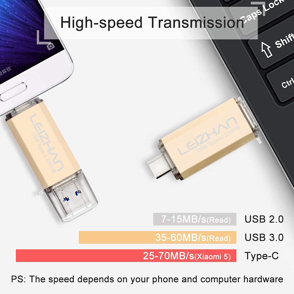 Pamięć USB 256 GB, typ C Memory Stick OTG, pamięć 2 w 1, pamięć flash, USB 3.0, Pen Drive do komputera/laptopa/notebooka i innych USB-C (256 GB, złoty)