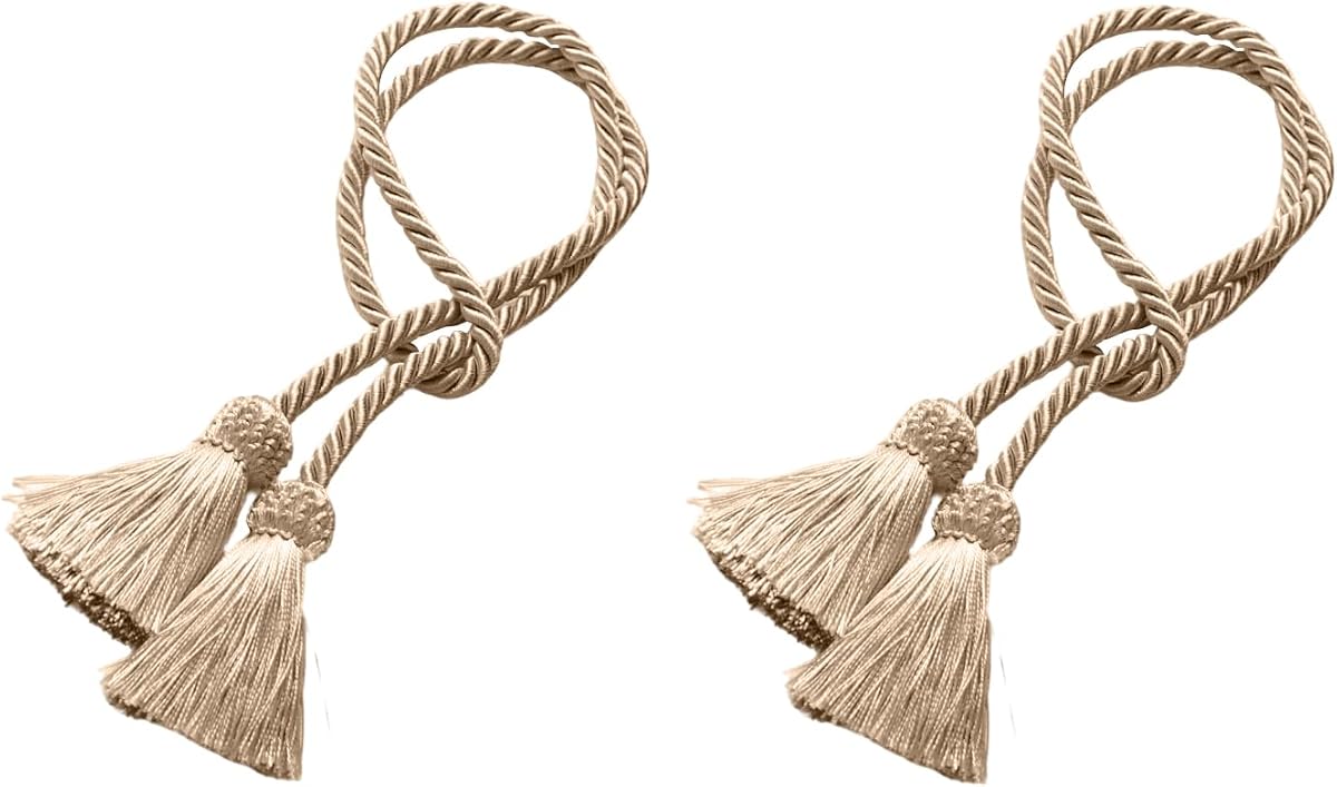 Curtain Tiebacks Handmade Decorative Curtain Holdbacks Rope with Tassel Curtain Pendant Rope Adjustable Ties Door Curtain Decorative (Beige, 2 PC)
