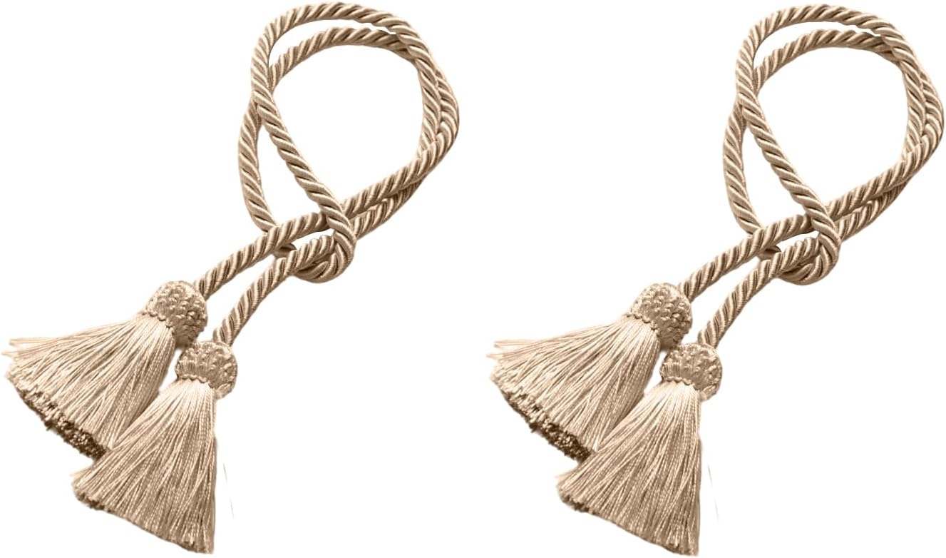 Curtain Tiebacks Handmade Decorative Curtain Holdbacks Rope with Tassel Curtain Pendant Rope Adjustable Ties Door Curtain Decorative (Beige, 2 PC)