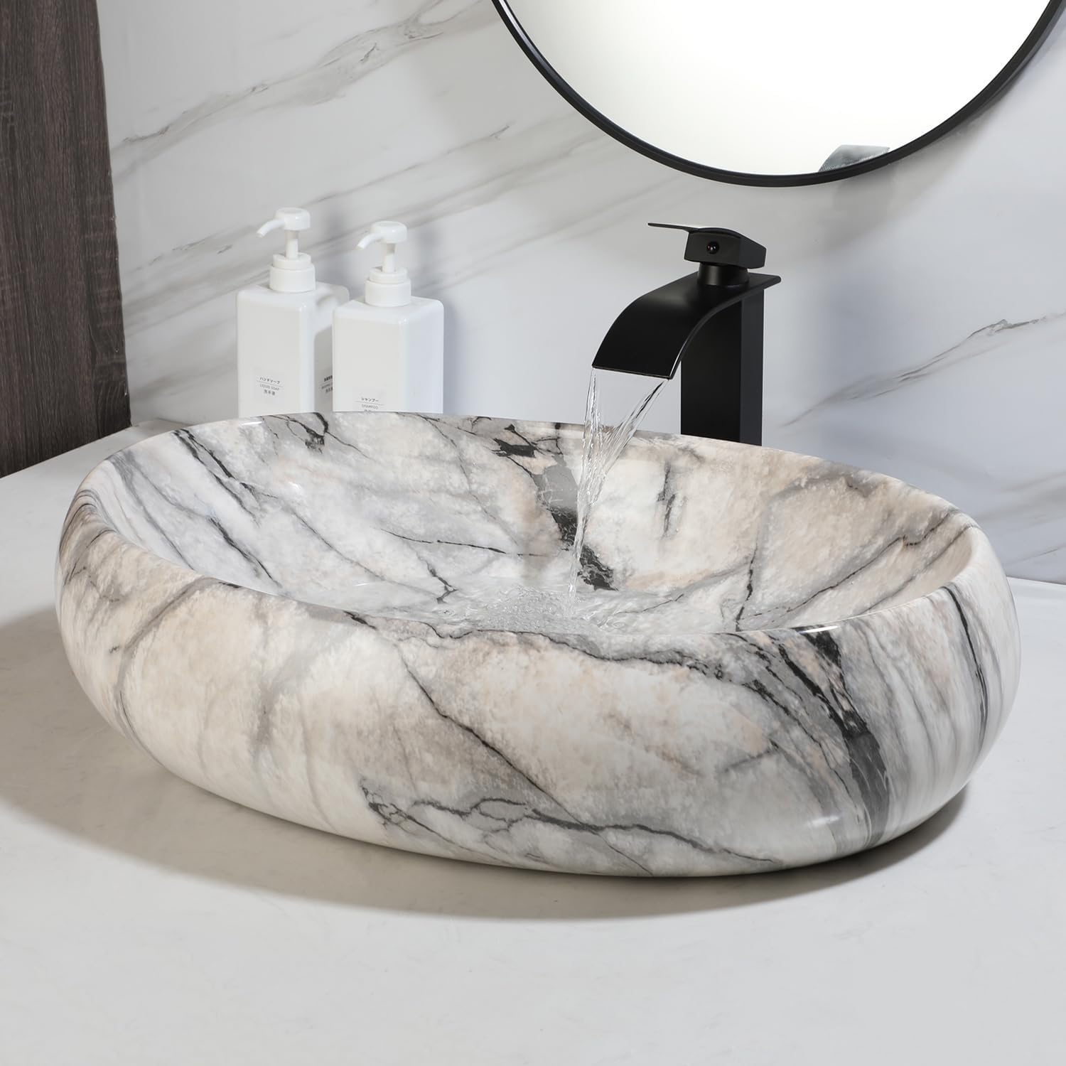 White Marbling Vessel Sink with Faucet and Pop-up Drain Combo, 22×16 Inch Oval Bathroom Sink White and Black Marbling Ceramic Basin Bowl Above Counter Oval Sinks Bowls for Bathroom
