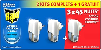 Raid Diffuseur Electrique Liquide - Répulsif Moustiques - 3x45 Nuits - 3 Diffuseurs et 3 Recharges de 32ml
