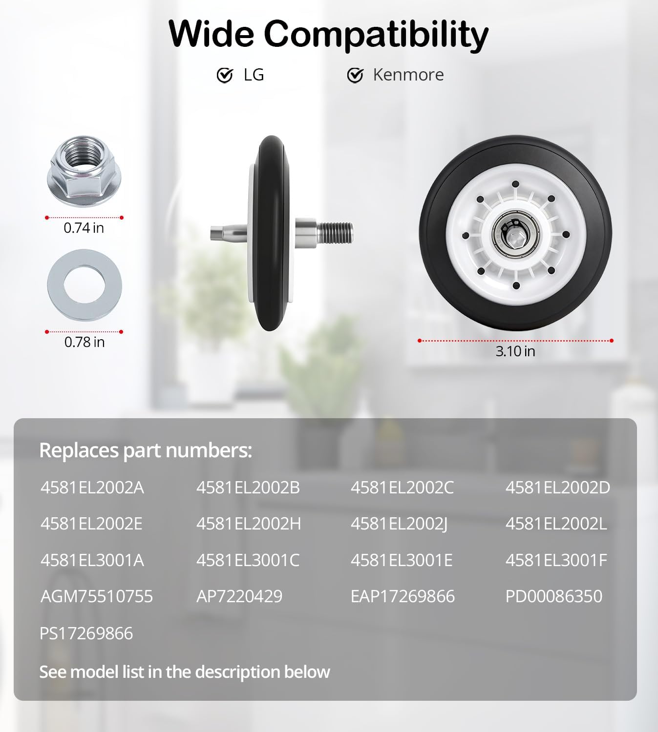 Upgraded EngPair (4 Pack) 4581EL2002L Ball-Bearing Dryer Drum Roller Kit for LG, Kenmore, replaces 4581EL2002C, AGM75510755, AP7220429, PS17269866, fits DLE3733W, DLE1501E, DLEX5680W and More