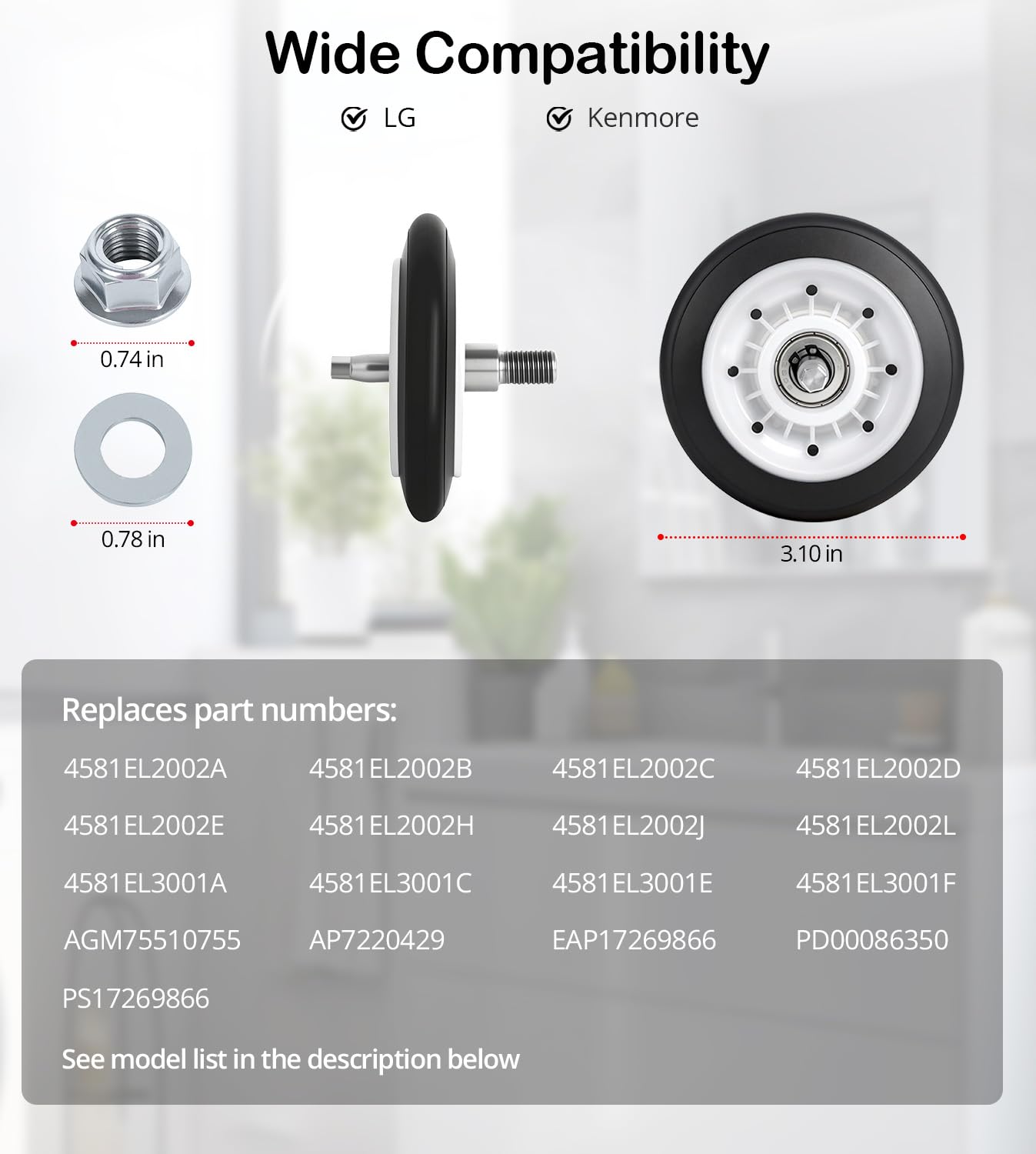 4581EL2002L - Kit de rodillo de tambor con rodamiento de bolas mejorado para LG, Kenmore, sustituye a 4581EL2002C, AGM75510755, AP7220429, PS17269866, compatible con DLE3733W, DLE1501E