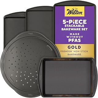 Wilton 5-Piece Gold Bakeware Set, Made Without PFAS | Stackable Baking Pans, Nonstick Coating, Scratch-Resistant, Dishwasher Safe, Resists Warping, For Pizza, Cake, Cookies & More