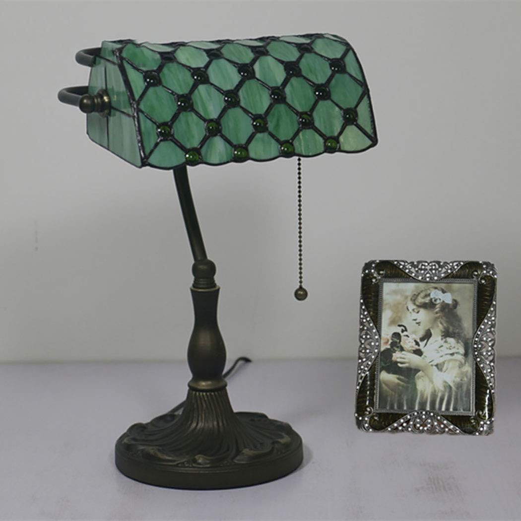 Tiffany Style Banker Table Lamp 10 Inch Antique Style Desk Lamp Stained Glass Shade Green Pull Chain Zinc Alloy Base,Green