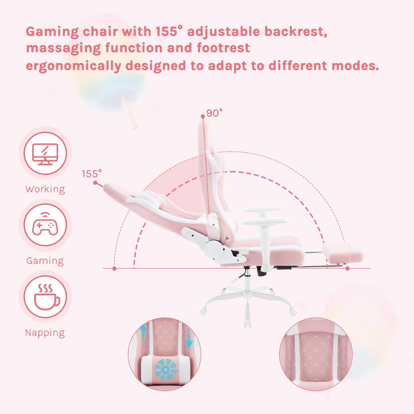 WOLTU Silla Gaming con Masajeador, Silla Ergonómica Escritorio, con Reposacabezas y Soporte Lumbar, Asiento Ancho, 150 kg, Tela de Malla, Rosa+Blanco