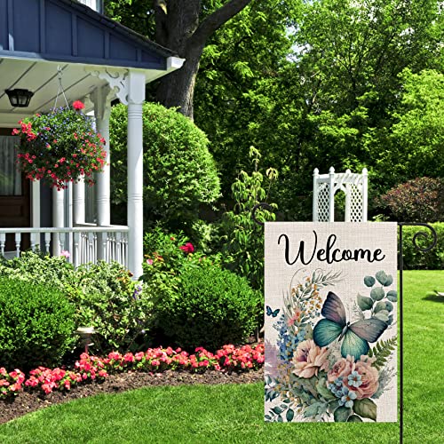 Texupday Welcome Watercolor Floral Butterfly Double Sided Vertical Burlap Garden Flag Spring Summer Rustic Farmhouse Holiday Party Outdoor Yard Banner 12" X 18" #TOP3