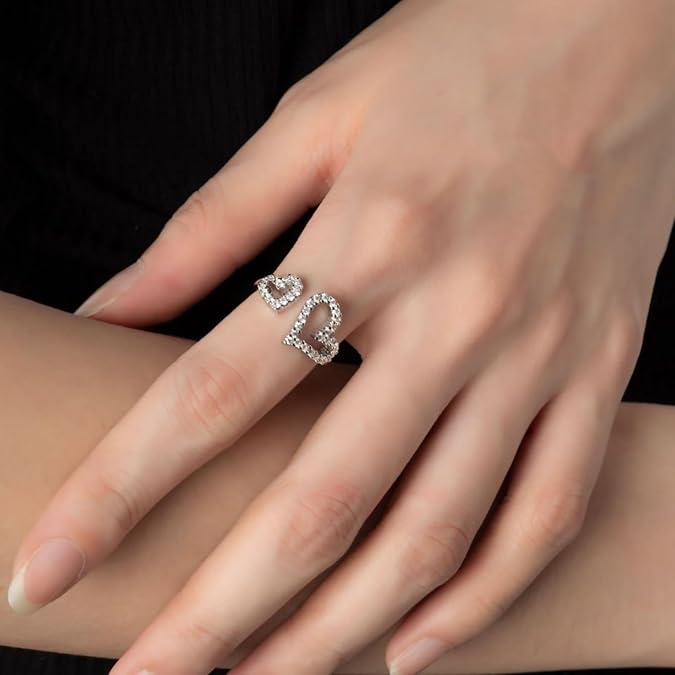 Silver Heart Ring for Women Hollow Adjustable Double Heart CZ Open Ring Dainty Cute Heart-shaped Rings