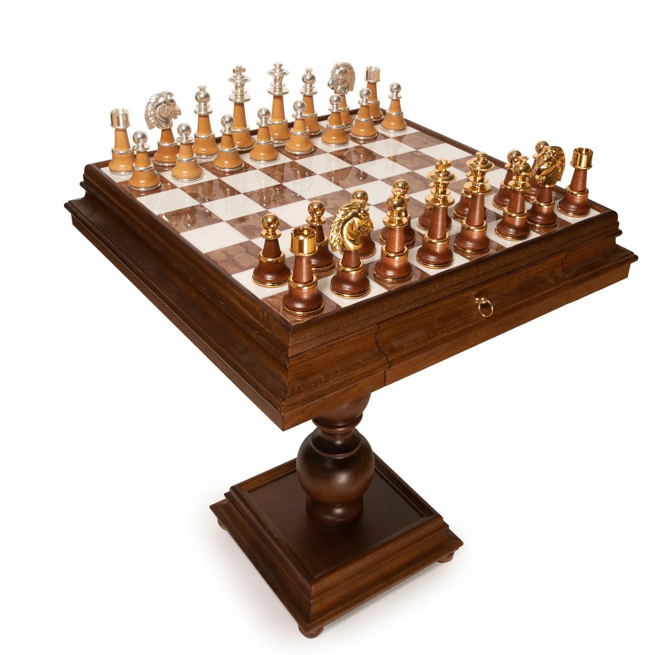 Staunton XL Set + Tilia Wood Chess Table Marble Top Double Drawer New