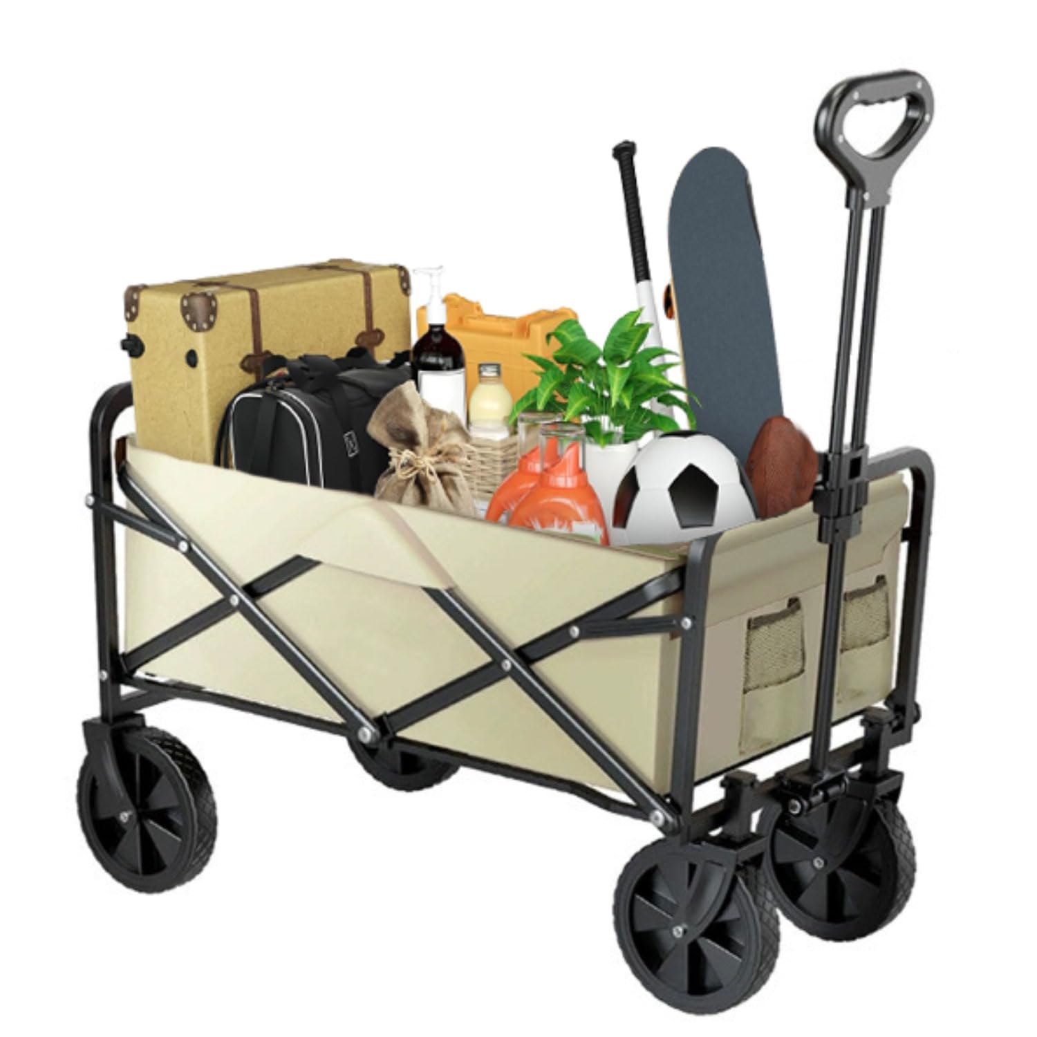 Folding Wagon, Heavy Duty Folding Wagon Cart With Adjustable Handle Side Pocket Multicolor Multiple Sizes(Beige,83 * 51 * 60CM)