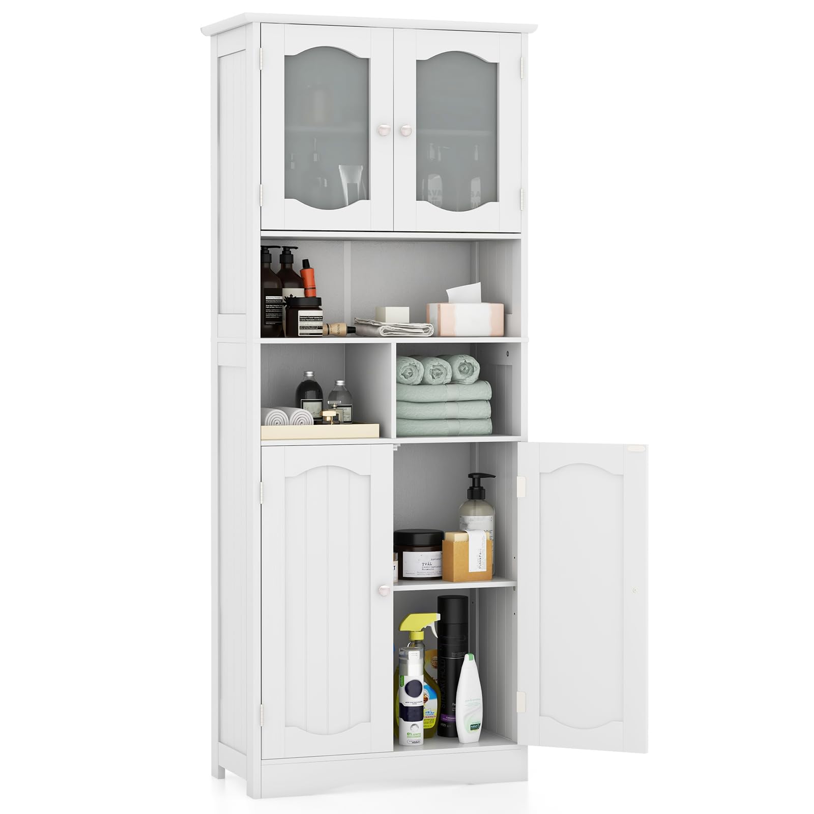 COSTWAY Badkamerkast, hoge badkamerkast met 4 deuren, lade en verstelbare plank, opbergkast voor woonkamer, badkamer, keuken, 60 x 30 x 160 cm (wit