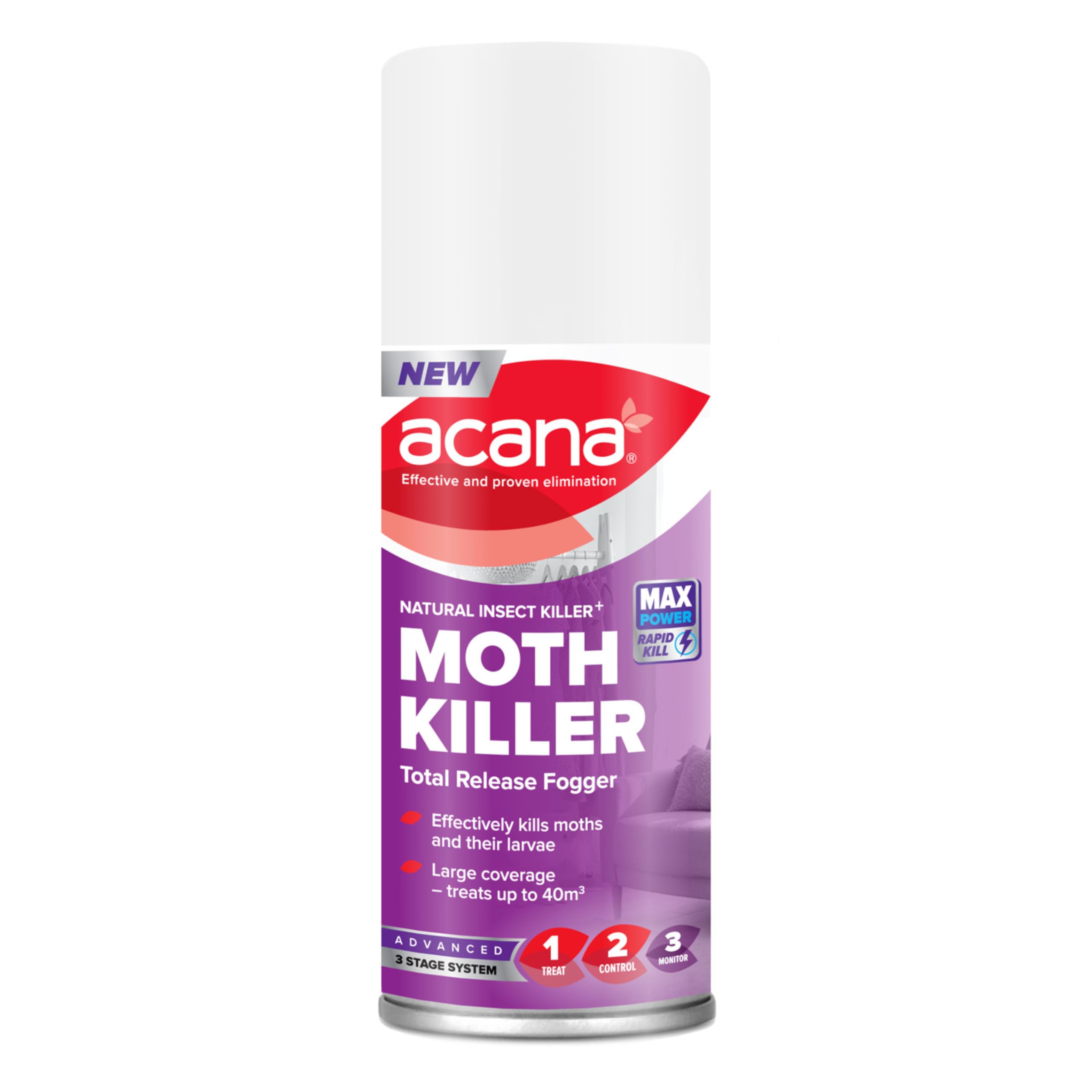 Acana Moth Killer Fogger 150ml - Total Release Aerosol - Kills Moths & Larvae - Long Lasting Coverage - Treats Rooms Up To 40m³ - For Homes, Closets, Garages & Lofts