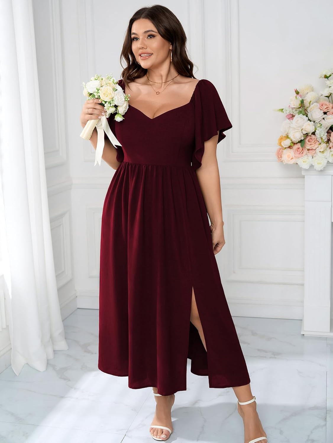 SCOMCHIC Women Plus Size Dresses Short Sleeve Sweetheart Neckline Wedding Guest Cocktail Smocked A Line Slit Maxi Dress - Image 3