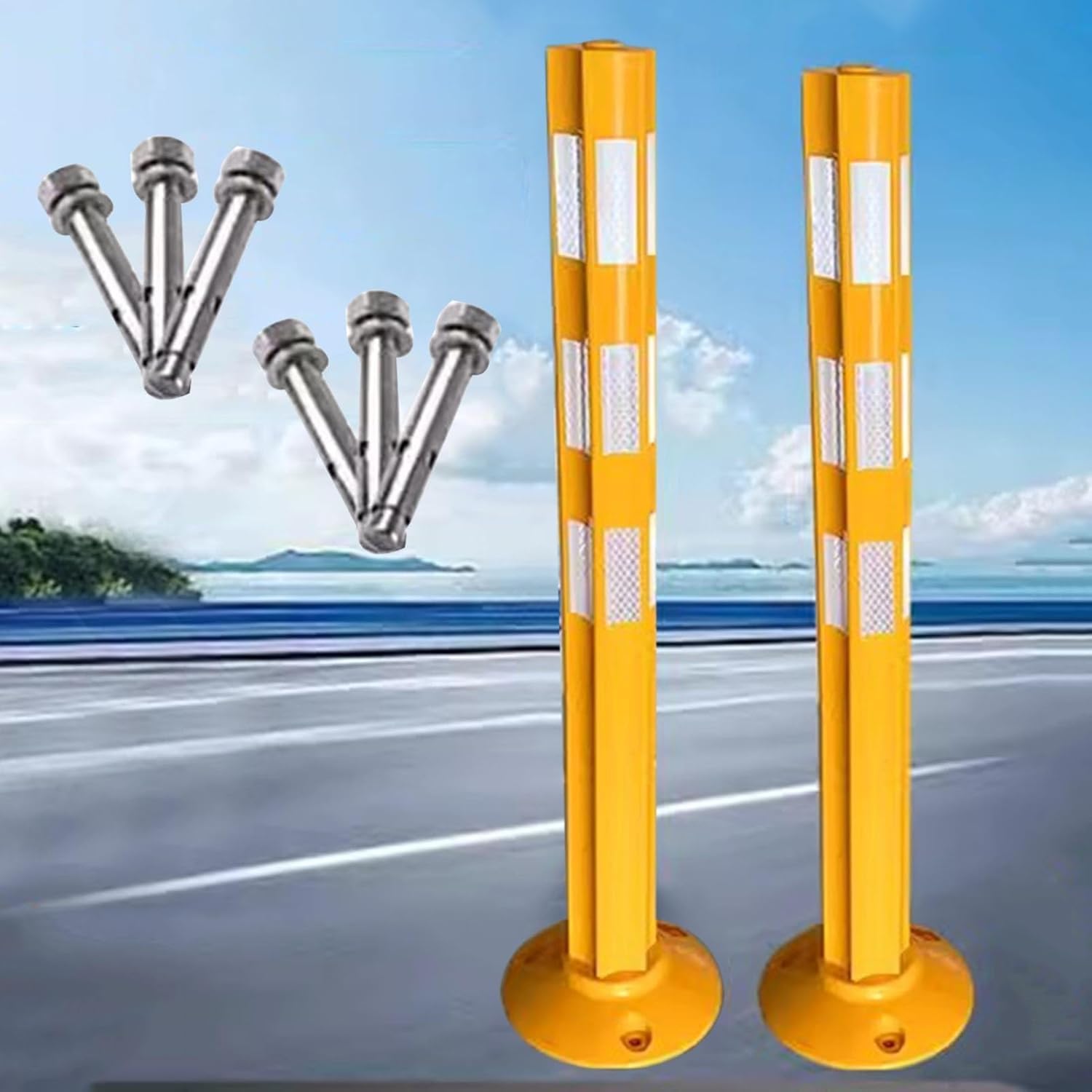 Aioneer Delineator Post Cone Driveway Caution Sign Flexible Removable Parking Barrier Post, 31.5 Inch Tall Safety Driveway Traffic Bollard Pole, With Reflective Tape, For Garage -Yellow-2Pcs