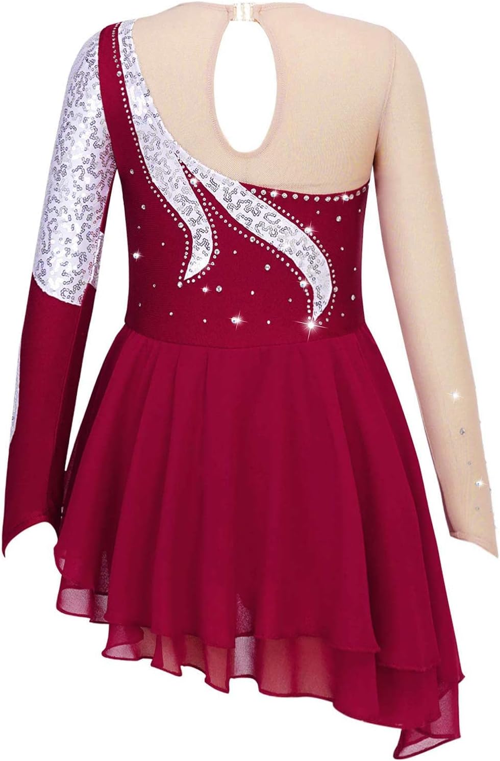 Girls Sequin Rhinestone Mesh Long Sleeve Irregular Hem Ballet Dress Lyrical Skating Dance Dress Dancewear