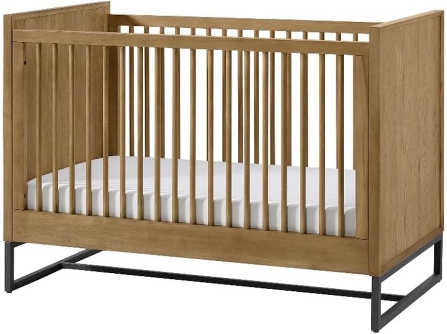 Pemberly Row Wood Contemporary Classic Crib, Natural Oak Finish, Hardwood Construction, Steel Spring Mattress Support with 3 Height Adjustments, Sturdy Design, Nursery Furniture for Baby Room