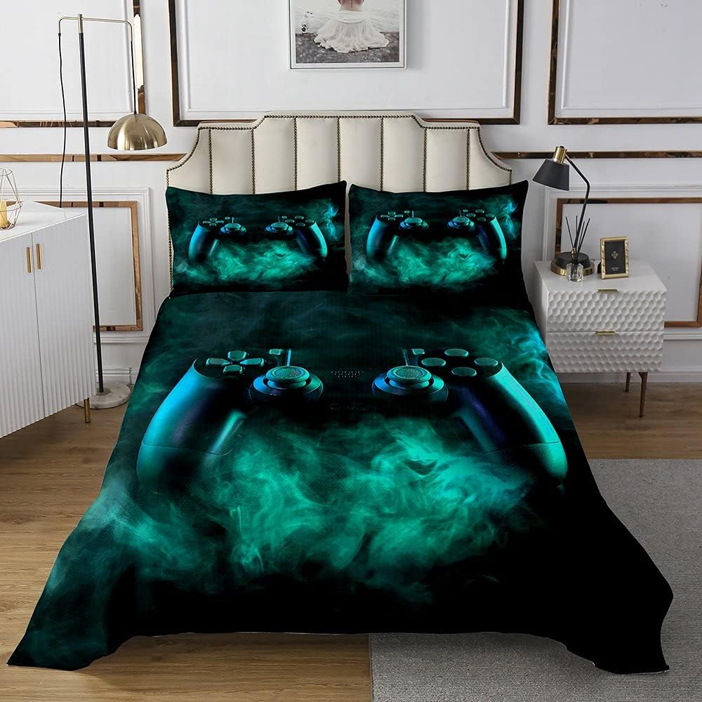Super Deal Product Erosebridal Boys Game Bedspread, Video Games Coverlet Set for Kids Young Girls Boys, Gamer Smoke Design Gamepad Quilt Set, Soft Home Bedroom Decor Bedding Set King Size, Teal