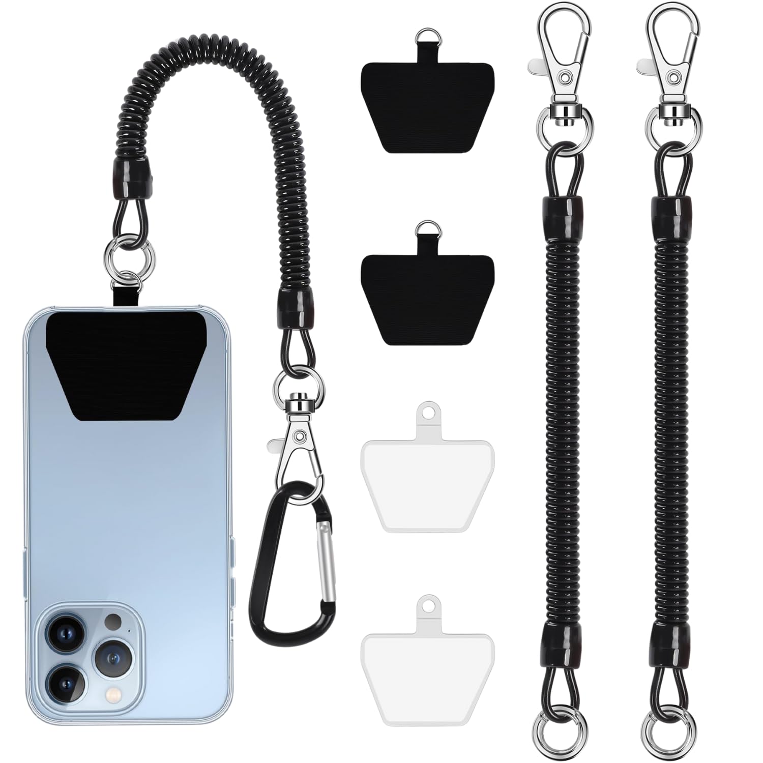 Phone Lanyard Strap Set, Adjustable Mobile Hanging Chain with Black Rope, White Tab and Carabiner, Lightweight Phones Sling Accessory for Smartphone Safety