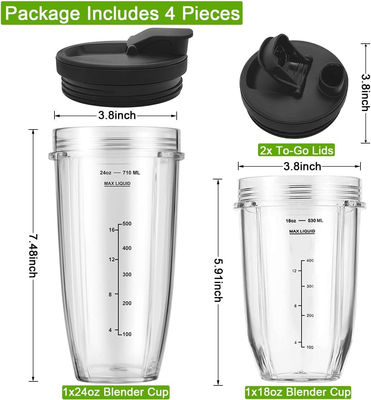 for Ninja Blender Cups Replacement, 24oz & 18oz Smoothie Blender Cups with Lids Compatible with Ninja Auto-iQ BN401 BN751 BN800 BN801 BL450 BL456 BL480 BL481 BL482 BL642 BL682 SS101 SS151 SS351 SS401