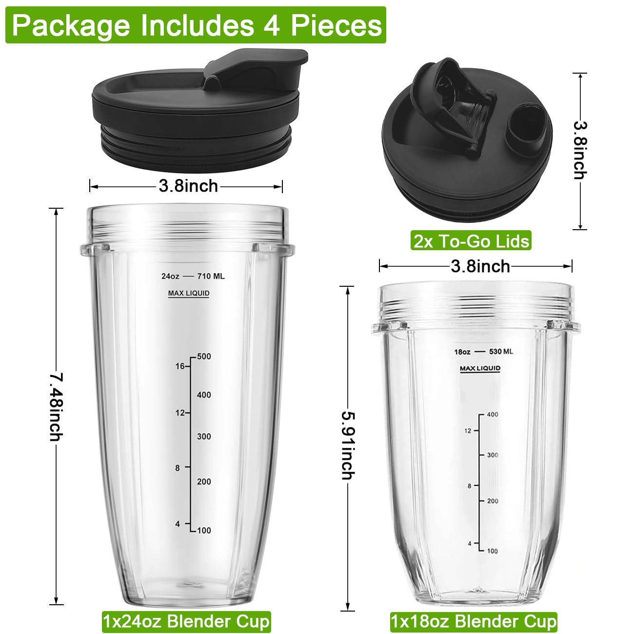 Vaso de Repuesto para Ninja Procesador de Alimentos, 18oz & 24oz Tazas Piezas de Repuesto Compatibles con Ninja Batidora N800EU BN750EU BN495EU CB350EU CB100EU TB401EU TB301EU