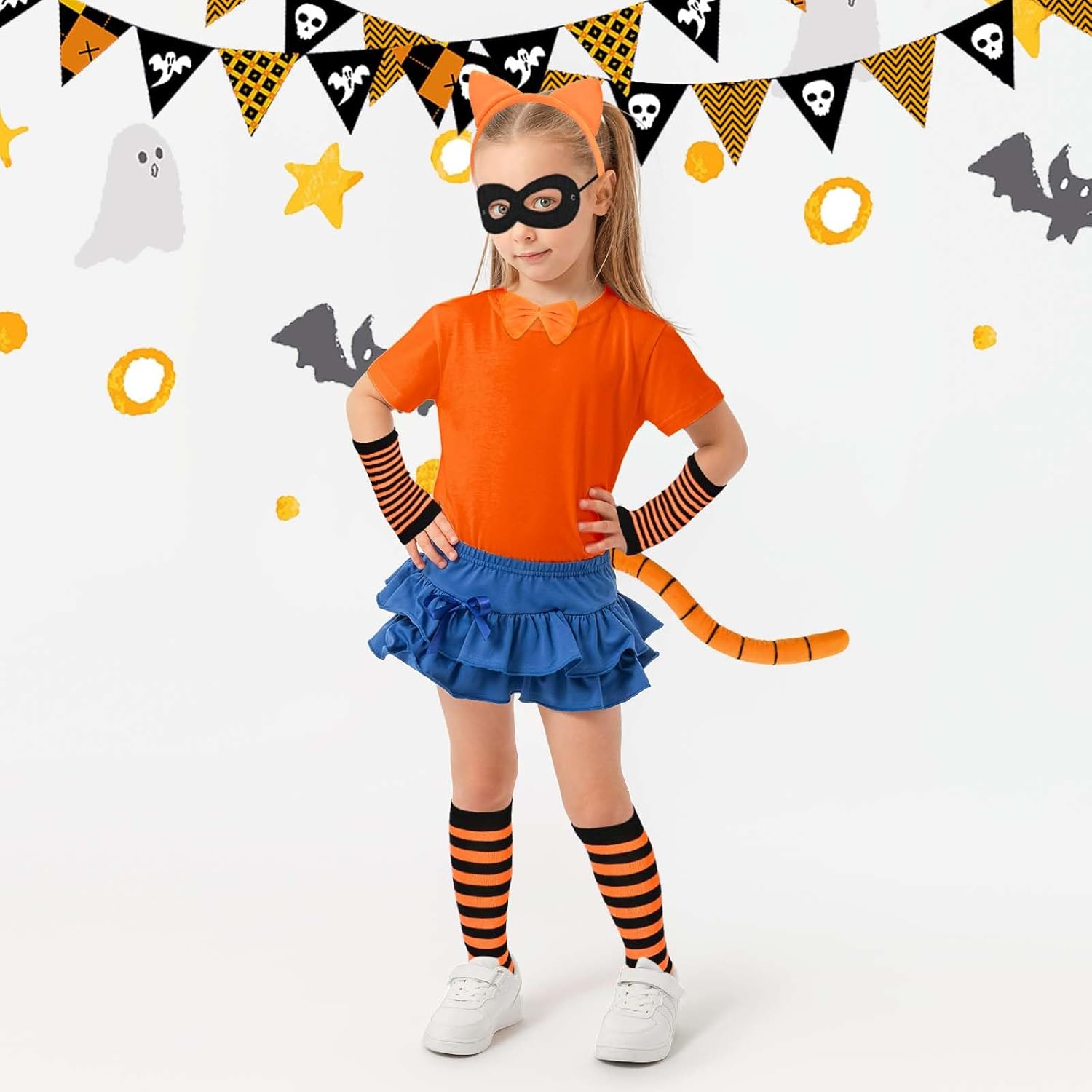 6 Pcs Orange Cat Costume Accessories Set Including Orange Cat Ears Headband Tail Bow Tie Black Mask Socks and Gloves for Halloween Storybook Fancy Dress Cosplay - Image 5