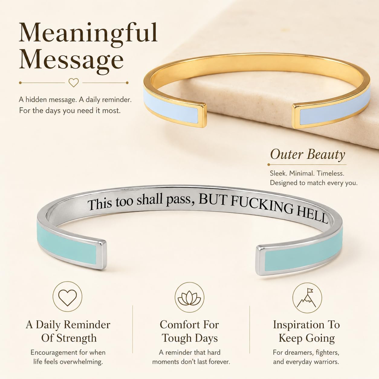LIU JUN This Too Shall Pass But F*cking Hell Mantra Cuff Bracelet For Women, Stainless Steel Engraved Adjustable Open Bracelets With Hidden Message Inspirational Encouragement Jewelry Gifts