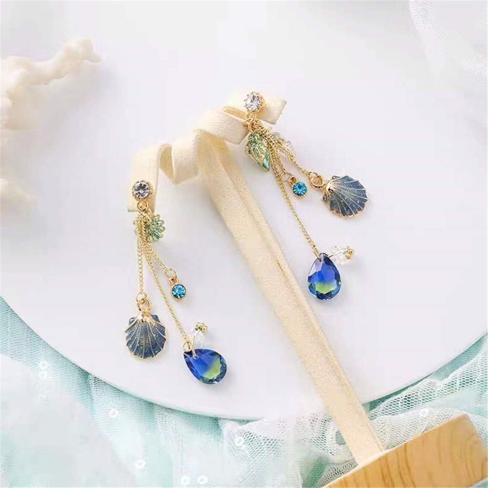 Sparkly Bohemia Long Tassel Blue Ocean Shell Flower Dangle Earrings Shine Rhinestone Scallop Beach Earrings for Women Charm Statement Colorful Crystal Jewelry - Image 7