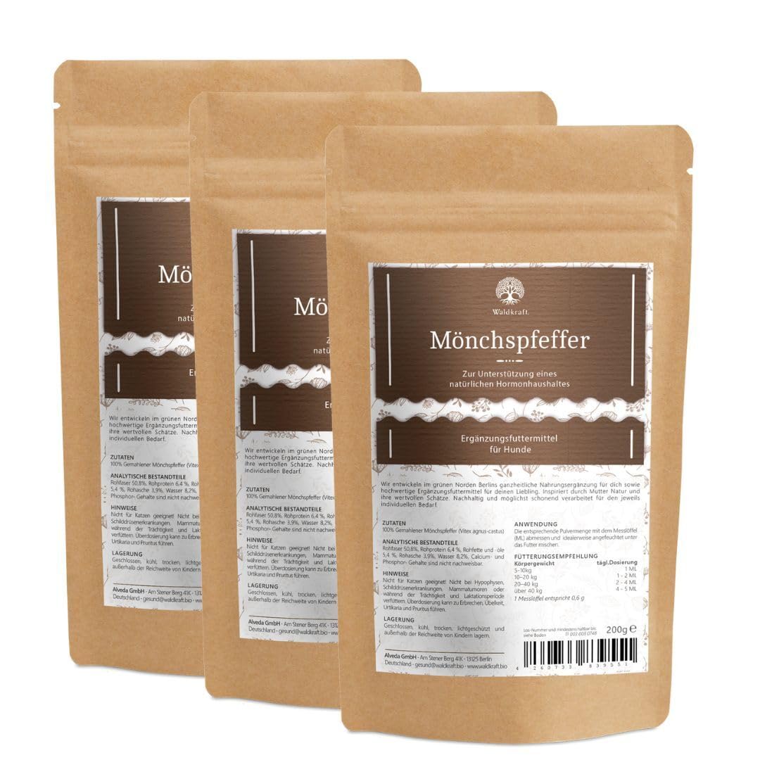 Waldkraft Mönchspfeffer für Hunde Nachfüllpack 3er Set | 100 % Vitex Agnus-castus Pulver | Unterstützung der natürlichen Hormonbalance für Rüden & Hündinnen | 3X 200 g
