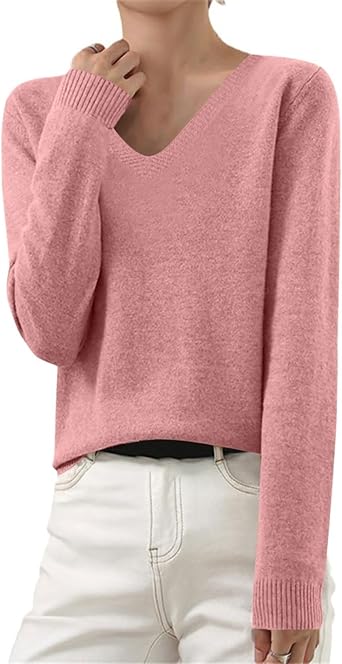 OIOLOYJM Fall Cashmere Sweaters for Women 2025 V Neck Long Sleeve Tops Lightweight Knitted Pullovers Merino Wool Sweater