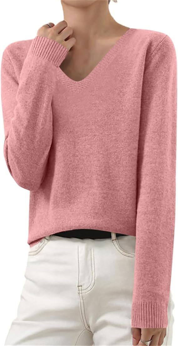 OIOLOYJM Fall Cashmere Sweaters for Women 2025 V Neck Long Sleeve Tops Lightweight Knitted Pullovers Merino Wool Sweater