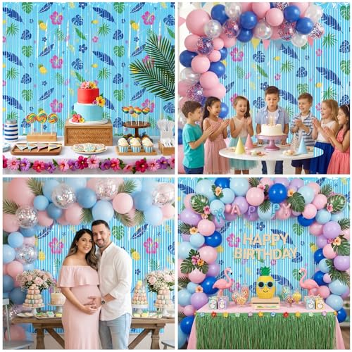 Image of 2 Packs Blue Foil Fringe Curtain, Hawaiian Element Pattern Metallic Tinsel Backdrop for Birthday, Baby Shower, Gender Reveal, Kids Cartoon Party Decorations Favor Supplies
