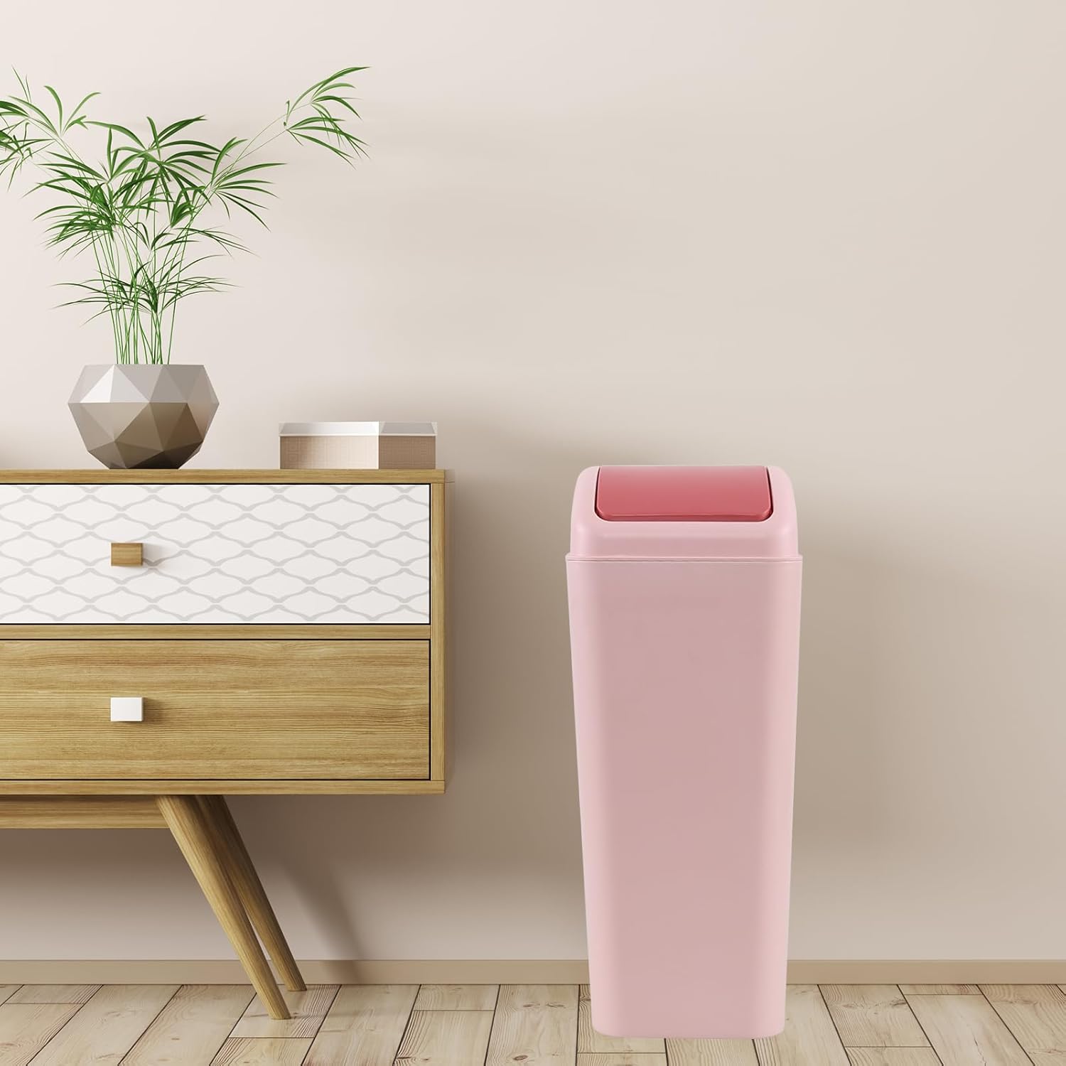 Ggbin 1-Pack 3.5 Gallon Plastic Garbage Can with Swing Lid, Slim Swing Top Trash Can, Pink