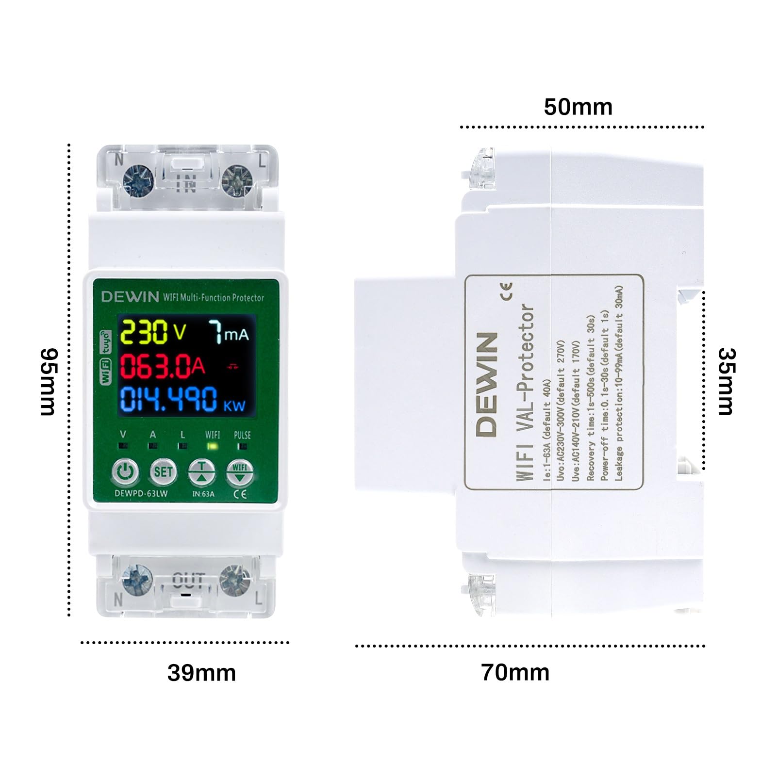 DEWIN Compteur d'électricité DIN Rail WiFi, Intelligent Tuya WiFi AC Compteur avec protection contre les fuites Protection contre les surtensions et les sous-tensions 63A AC 230V