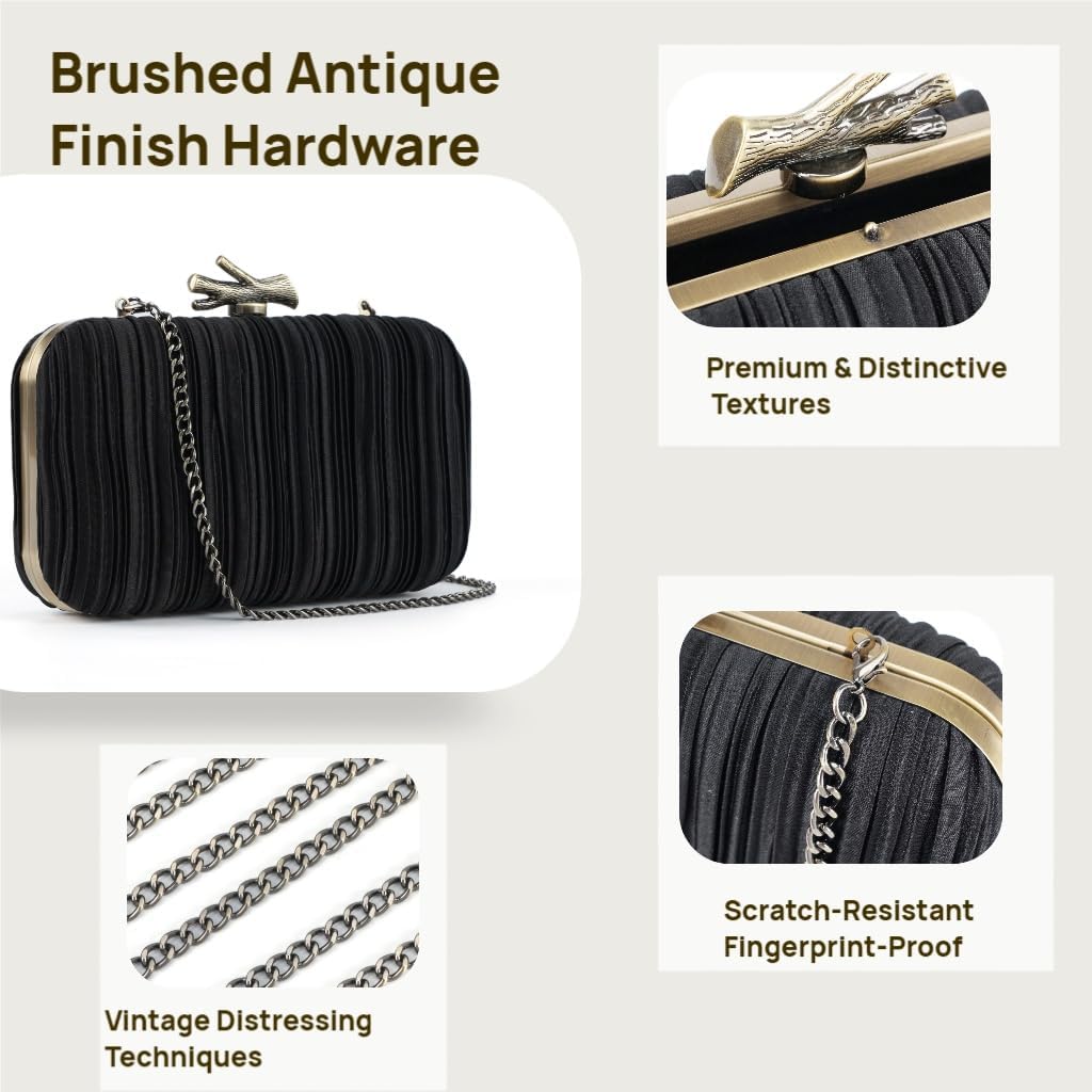 Milisente Clutch Purses for Women Bridal Wedding Pleated Evening Bag With Vintage Metallic Handle And Branch-Shaped Clasp
