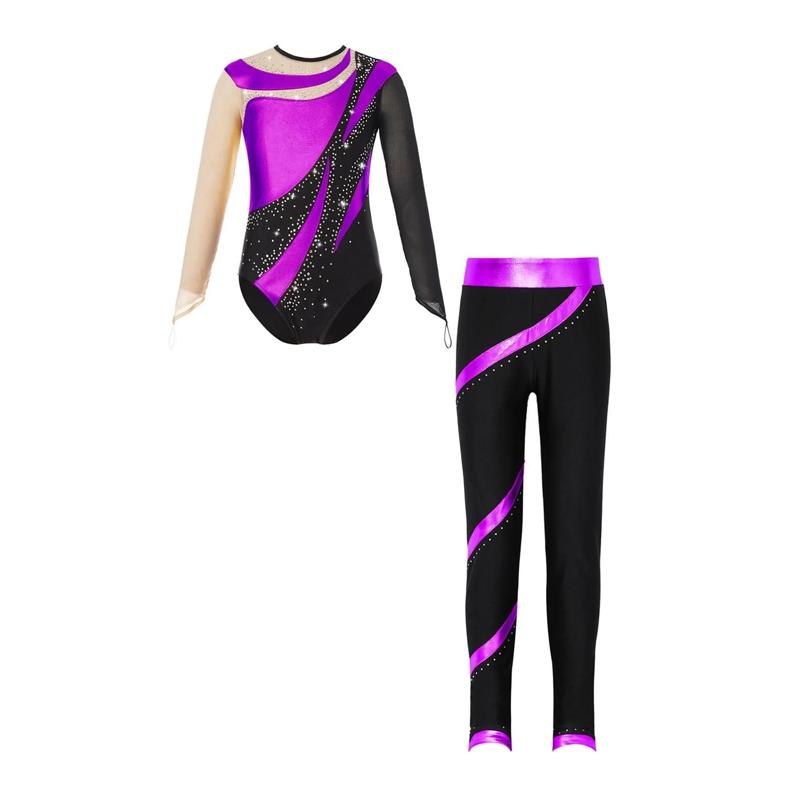 Maillots Gimnasia Conjuntos de danza y ballet for niños, leotardo de gimnasia for niñas, mono de patinaje artístico de manga larga brillante con pantalones, conjuntos de ropa de baile de 6 a 16 años P