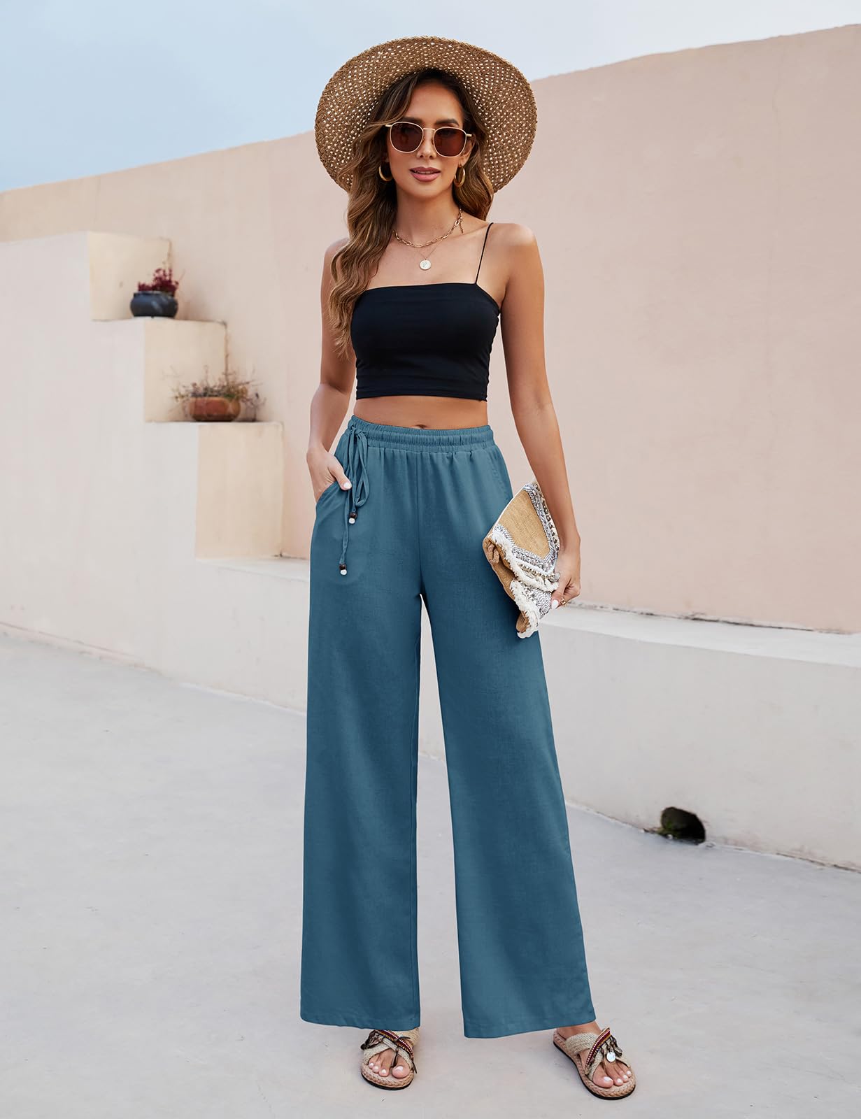 PASUDA Pantaloni Donna Pantaloni in Lino Estivi Larghi da Donna Eleganti Elastico Vita Alta Pantaloni Gamba Dritta Casual Leggeri Pantalone con Tasche e Coulisse Laterale