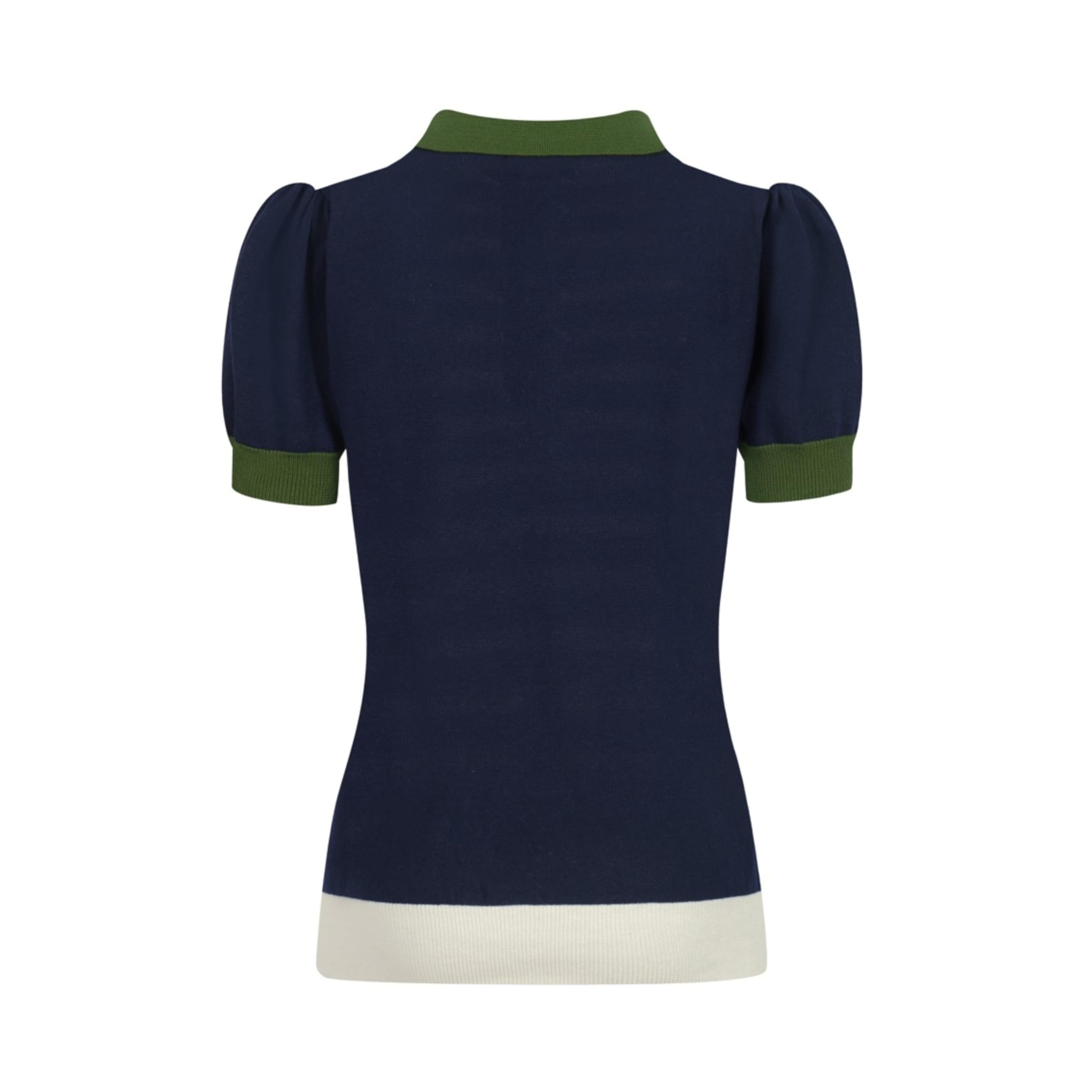OXKNIT Poloshirt Damen Vintage Dunkelblau Gestreiftes Strickpolo mit Puff Ärmel