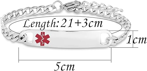 Miniatura 2 de Pulsera de alerta médica roja para mujeres y hombres, pulsera de emergencia de primeros auxilios de salud grabada ajustable de acero inoxidable
