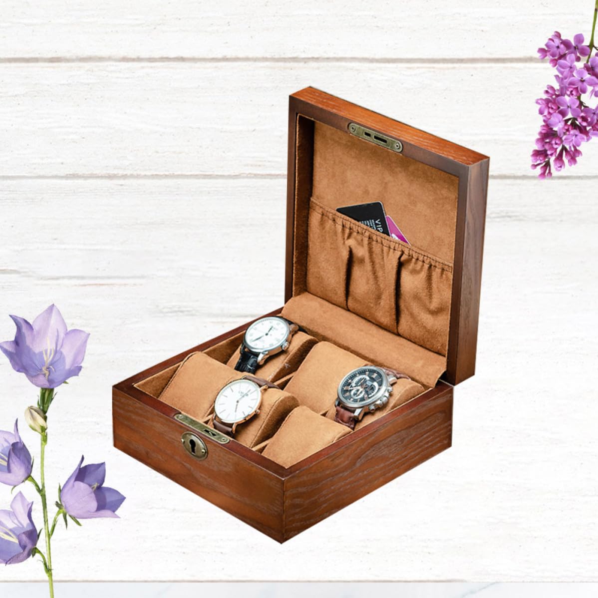 BESTOYARD Uhrenbox für Aufbewahrung mit Schloss Holz Braune und 6 Fächern | Quadratische Form, Displaybox für Armbanduhren, für Zuhause und Geschäft