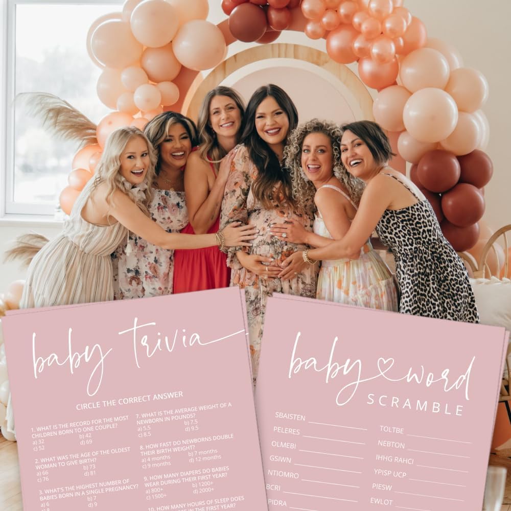 GardenCity Baby Shower Games for Girl - Baby Trivia and Word Scramble Game, 50 Double-Sided Cards (Blush Pink)