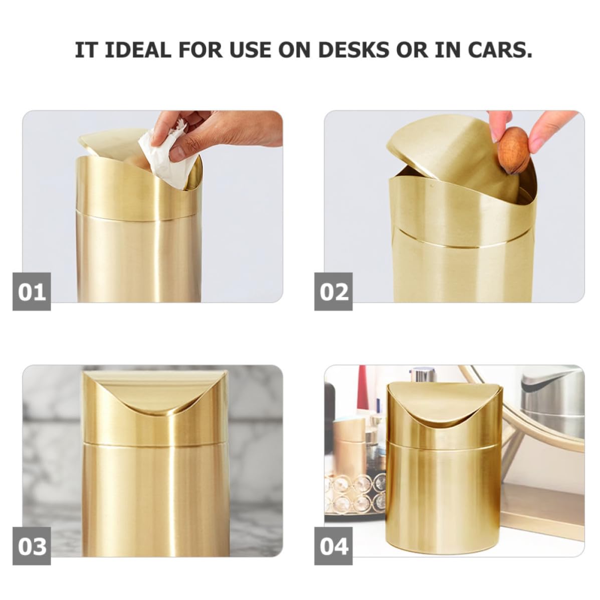 ifundom Kleiner Goldener Edelstahl Mülleimer mit Druckdeckel Platzsparender Desktop Abfallbehälter für Schreibtisch und Auto Multifunktional und Elegant