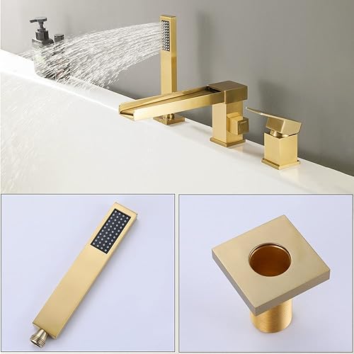 Miniatura 18 de Grifo de bañera romano negro con ducha de mano, grifo de bañera de montaje en cubierta con rociador, juego de grifo de bañera en cascada Negro