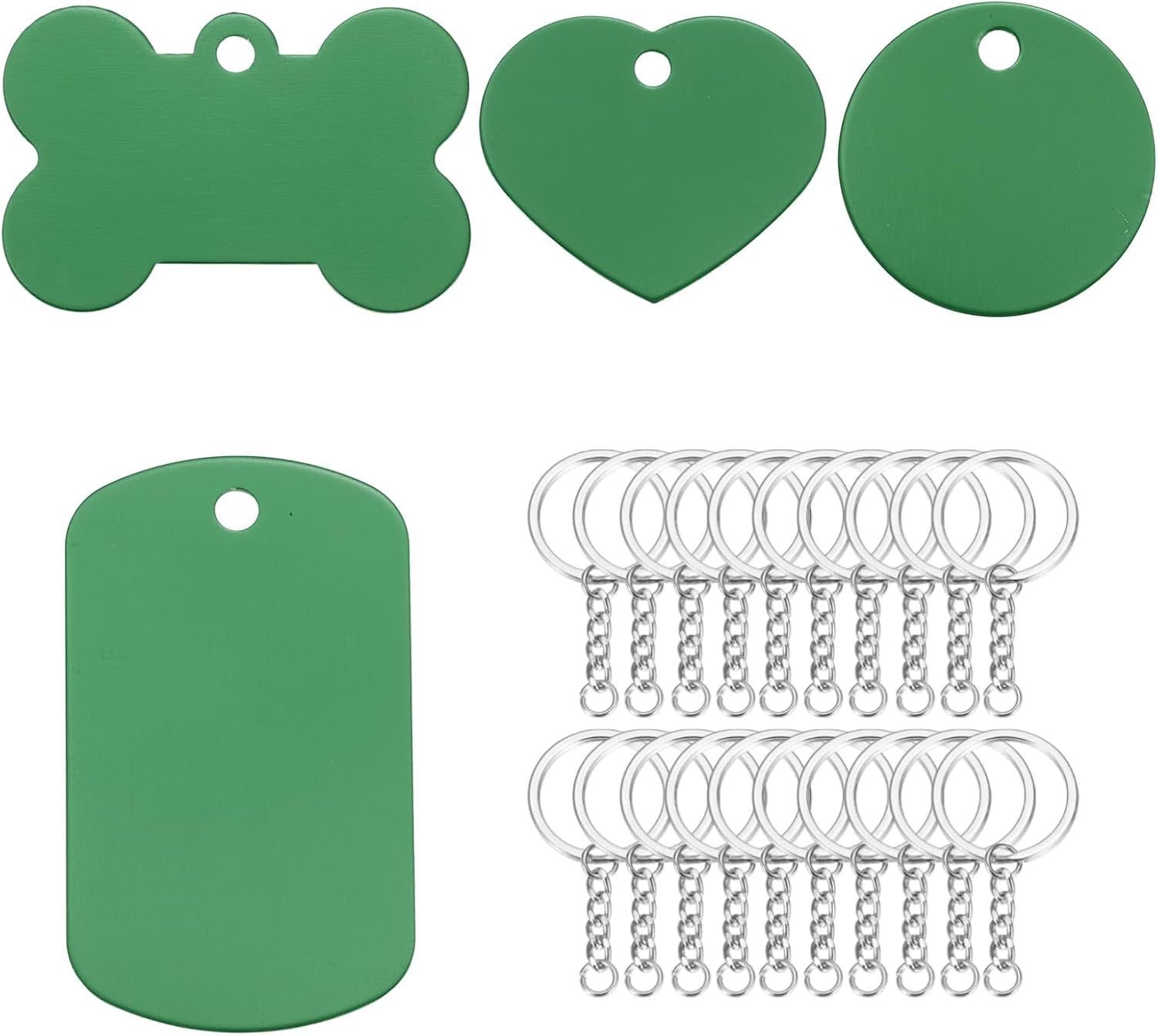 MECCANIXITY 20Pcs Blank Engravable Dog Tags with Green Round, Heart, Rectangle, Bone Shape Tags for Stamping, Engraving Blanks, Keychain Crafts, Pet Tags