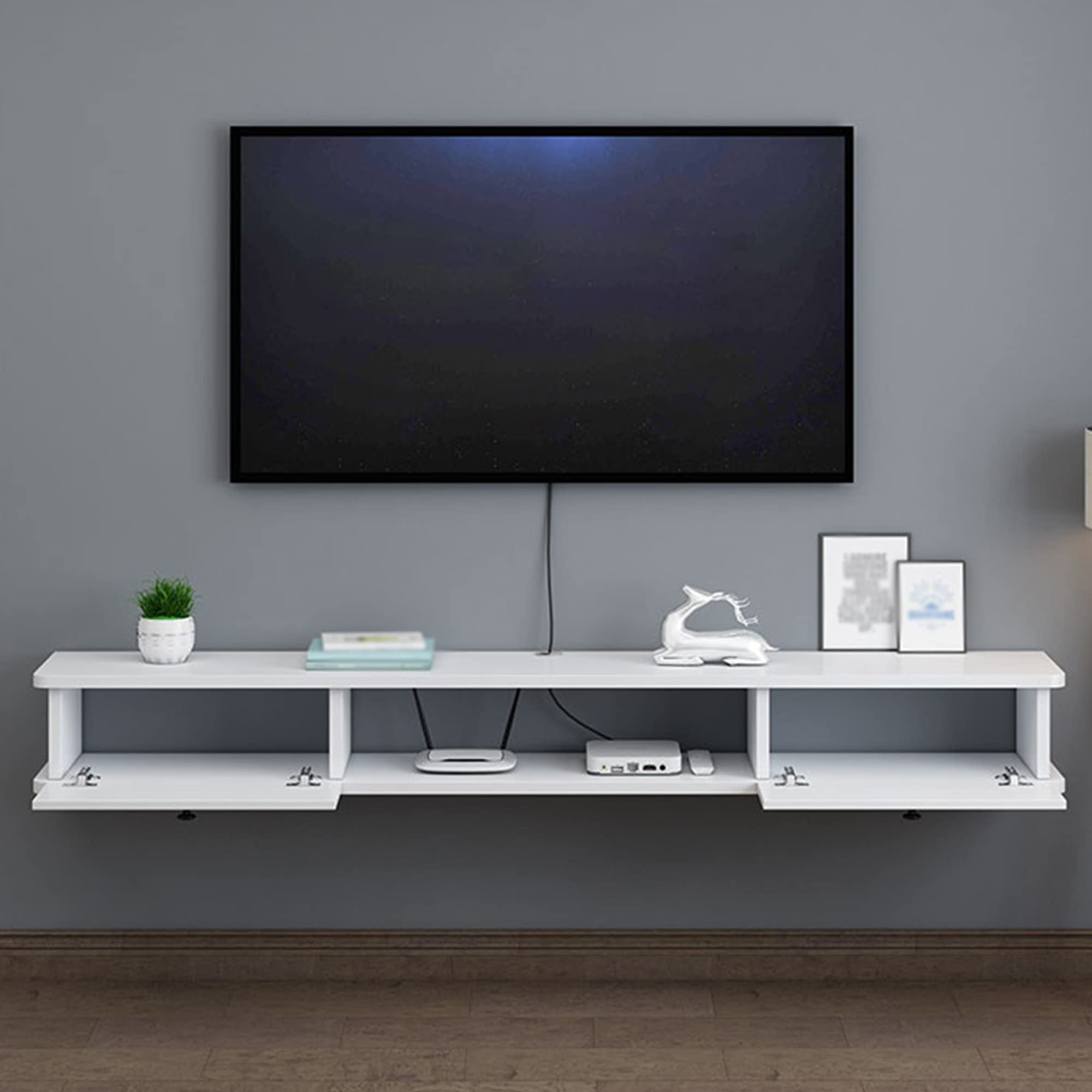 Nowoczesna pływająca szafka pod telewizor z 2 szufladami drewniana multimedialna półka do przechowywania, konstrukcja z otworem na drut, do salonu i biura, czarna, 140 cm