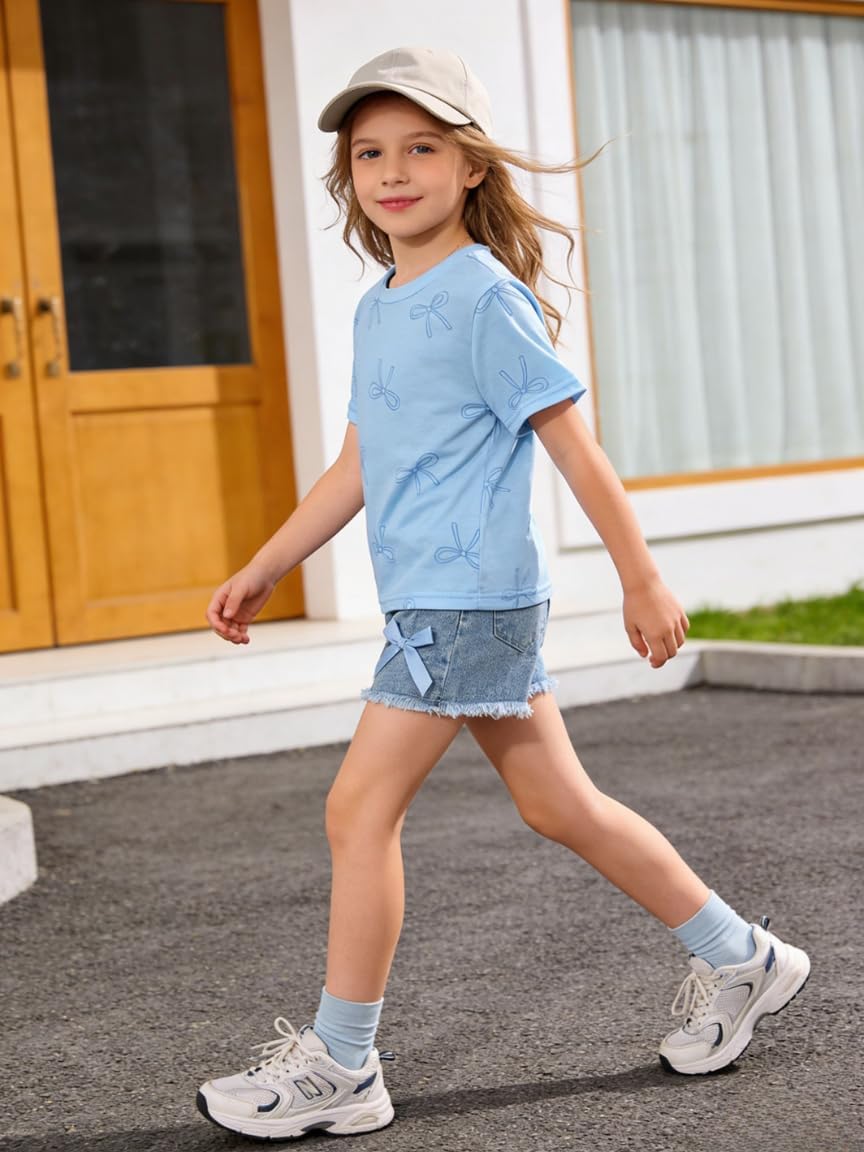 Kid Girls Clothes Outfits Cute Sweet Bowknot Print T-Shirt + Bowknot 2 In 1 Denim Short Summer Clothing Set - Image 3