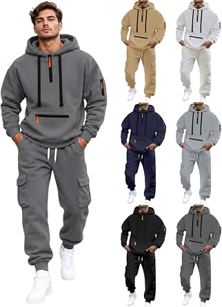 Men's Half-Zip Hoodie and Cargo Jogger Tracksuit Set