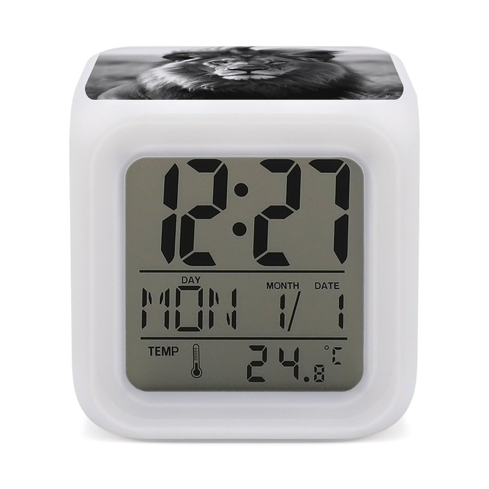 VstaDank African Lion Black and White Alarm Clock Sleep Trainer 7 Color Changing Night Light Modern Touch Bedside Lamp Fashion Digital Clock with Temperature Display Wake Clocks for Loud Alarm